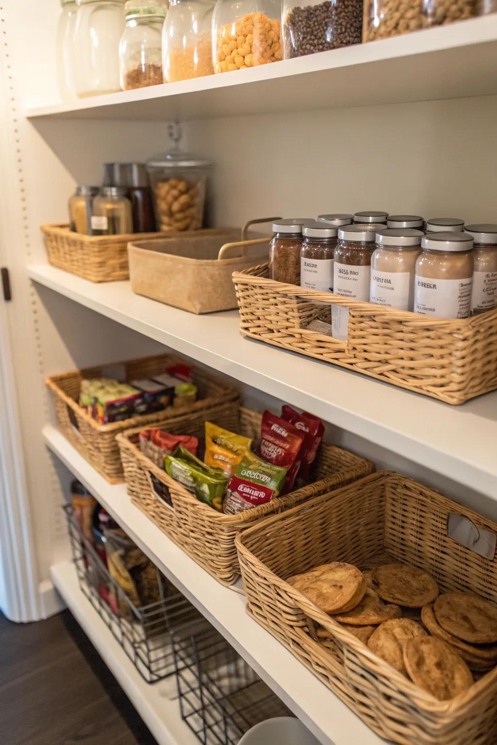 Baskets under shelves add storage room.