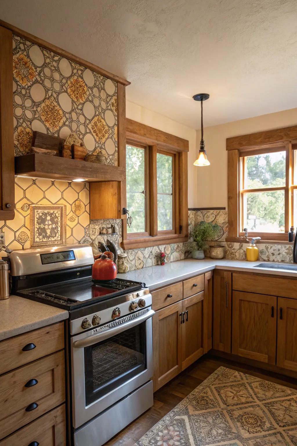 A bungalow kitchen displaying a unique tile backsplash that adds character.