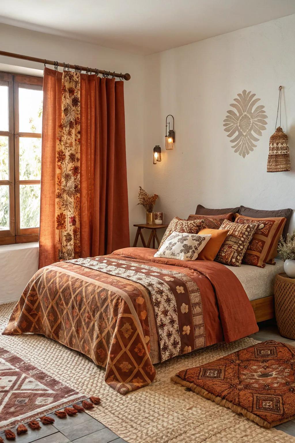 A mix of patterns in burnt orange and brown creates a dynamic and visually stimulating aesthetic.