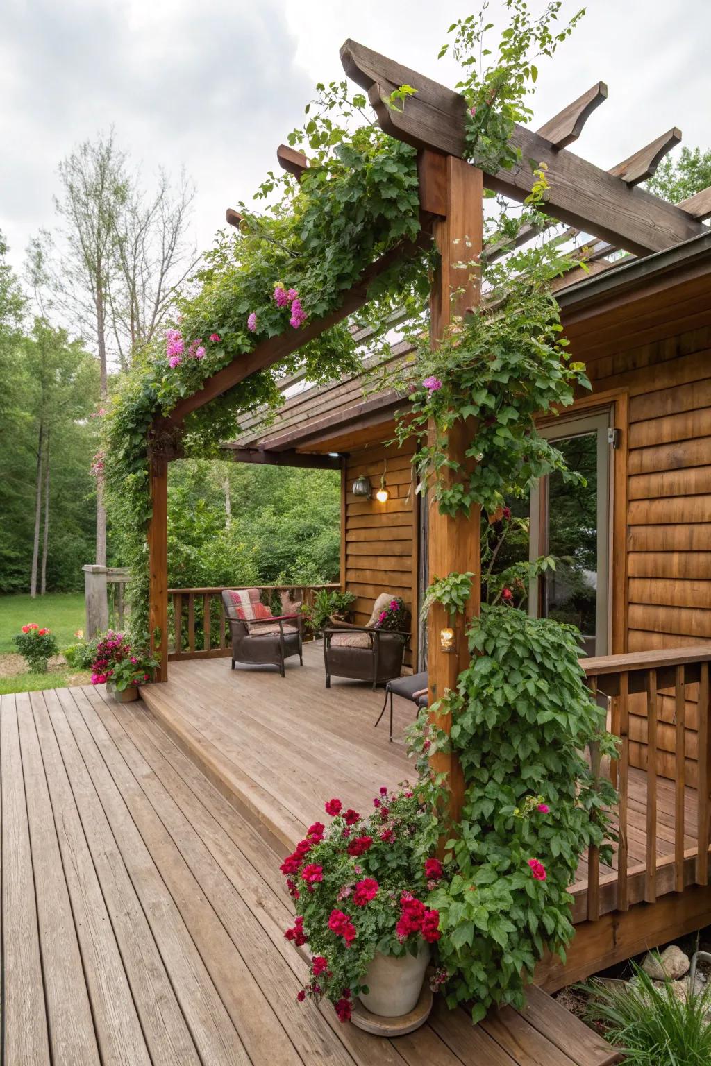 A pergola casting shade and charm upon the deck.