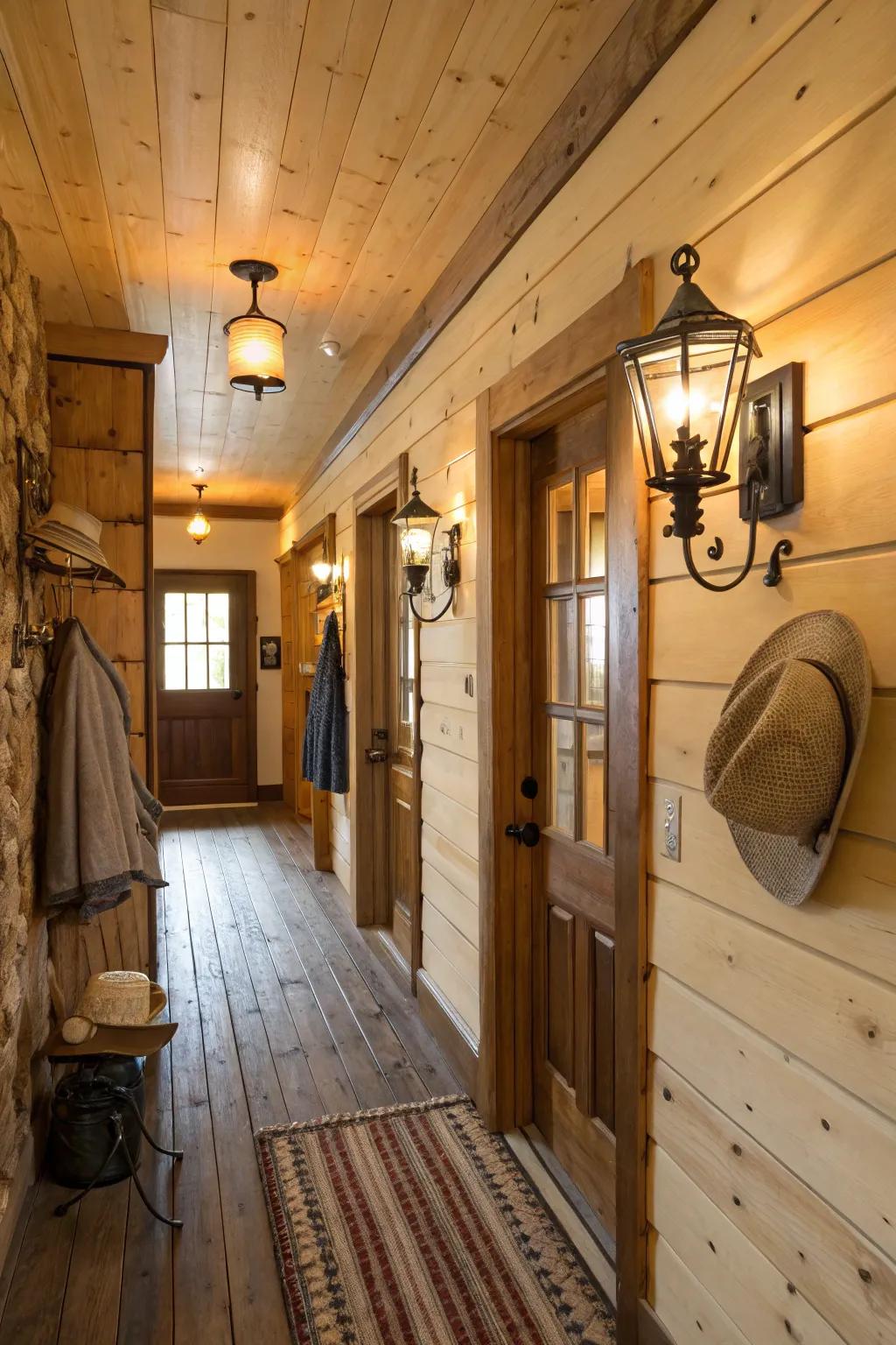 Charming wall sconces providing accent lighting in a cabin hallway.
