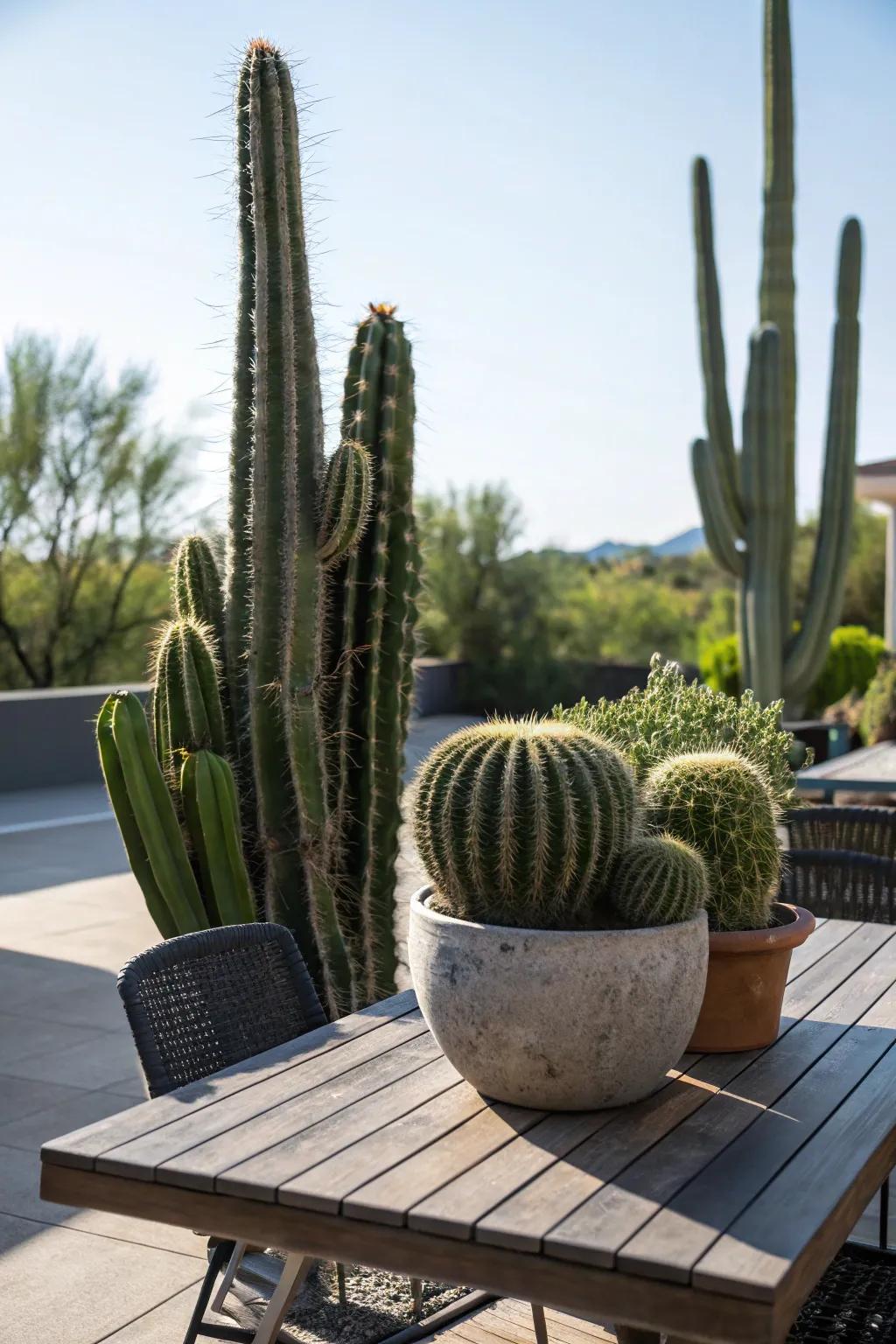 Grandiose cacti atop a patio surface fashion a desert-influenced sanctuary.