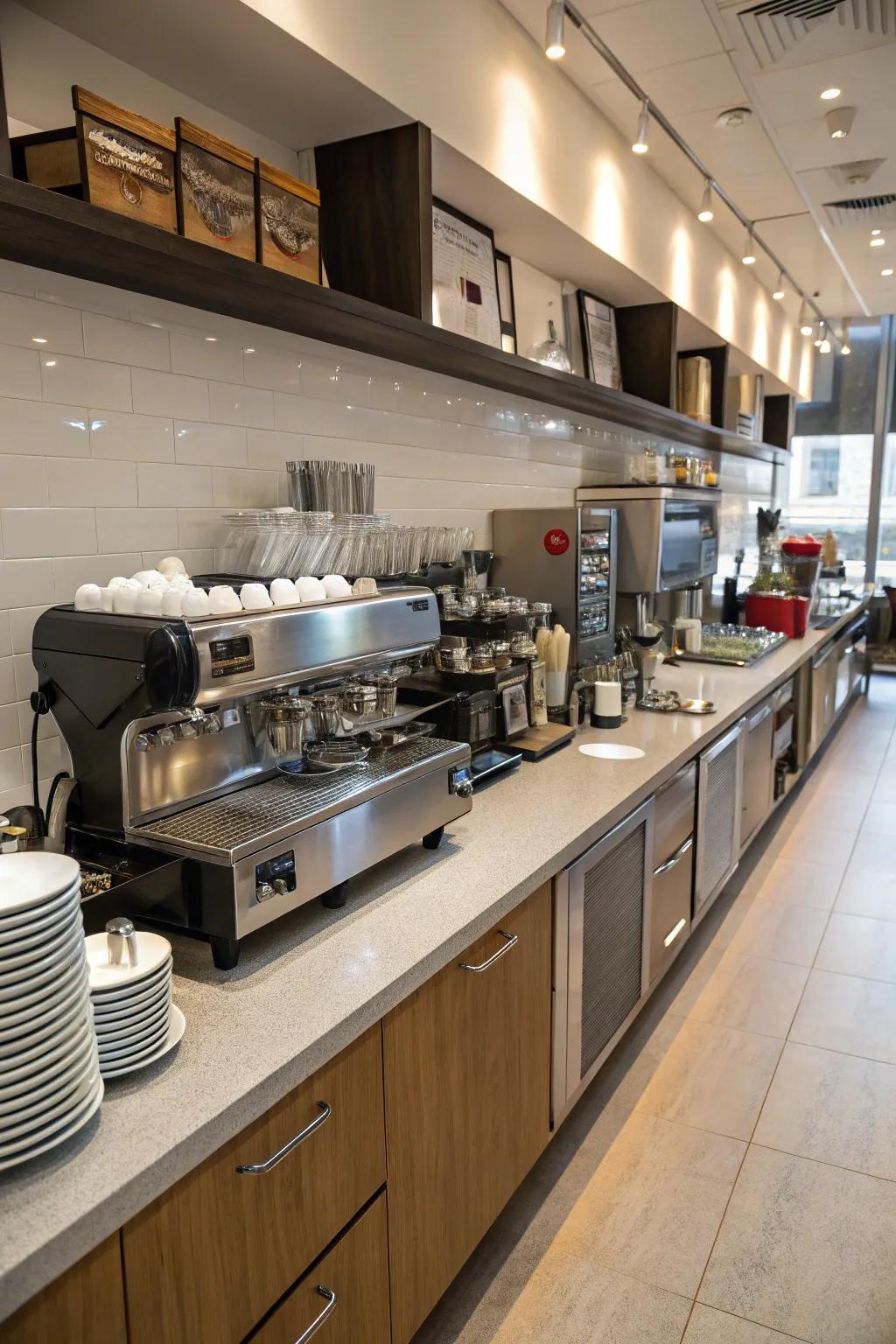 A flow design in a cafe kitchen built for efficient operation.