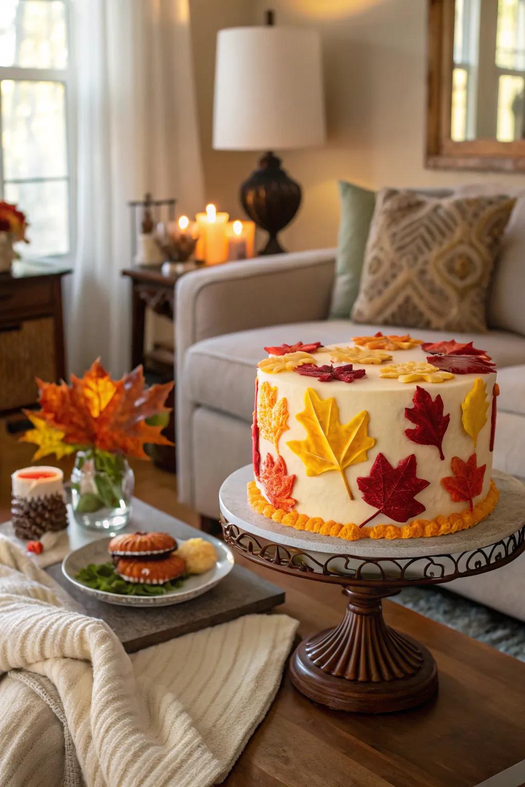 A seasonal buttercream cake flaunting autumnal palettes and motifs