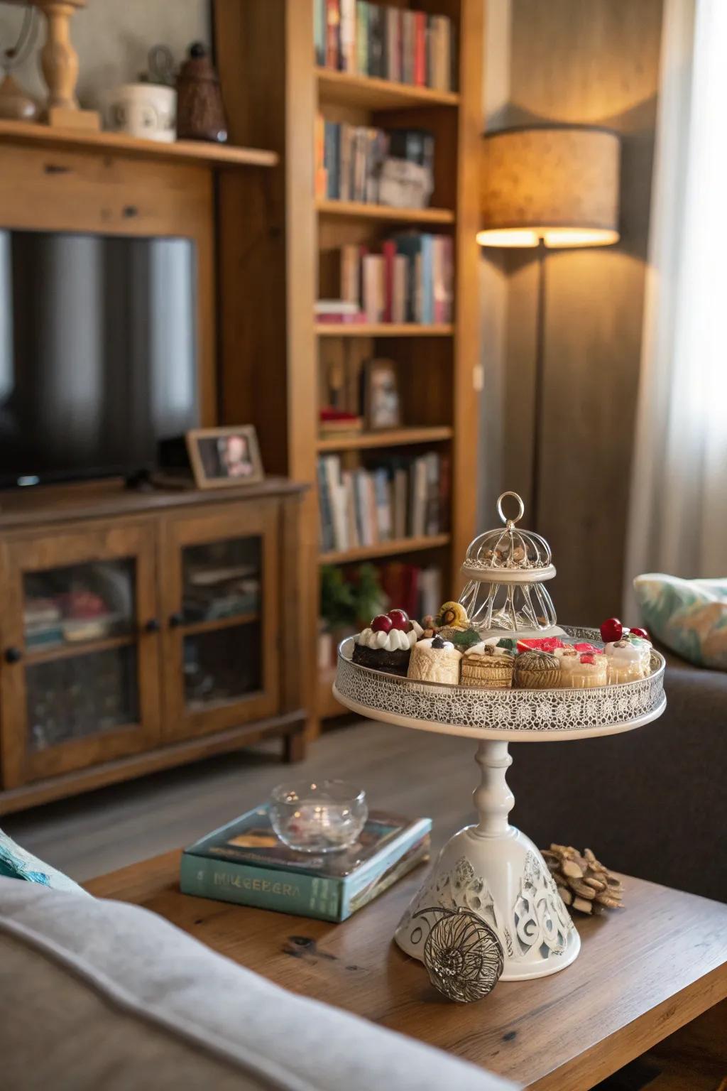 A cake stand becomes a platform to showcase cherished collectibles.