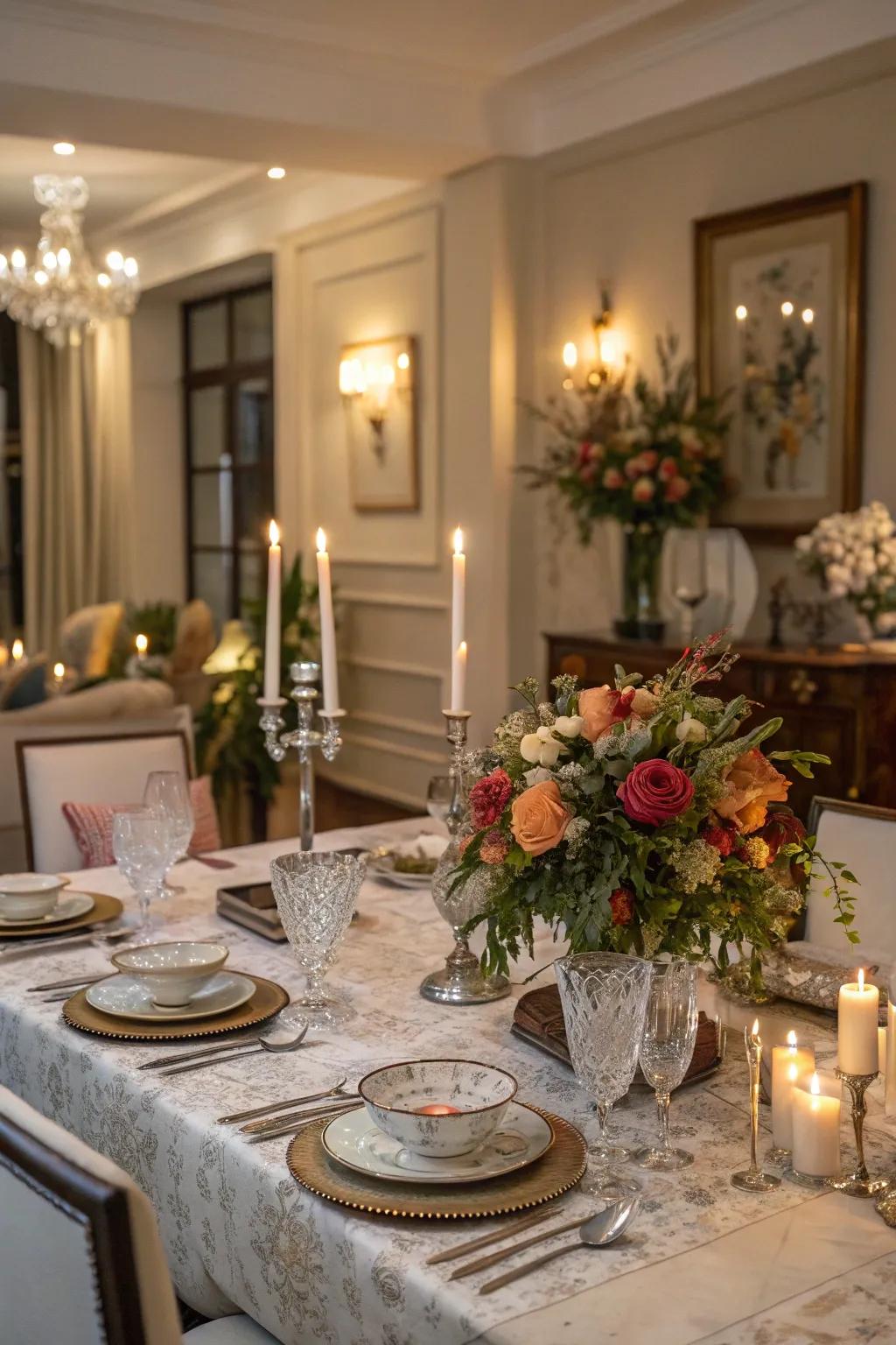 Elegant tablescapes are enhanced by the glow of candles.