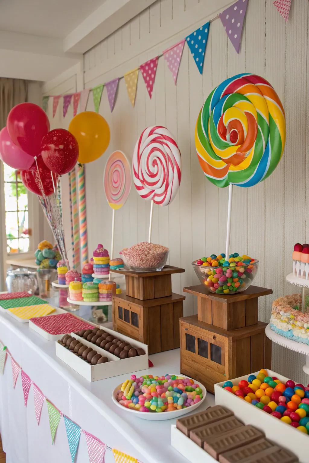 Venture into a realm of dreams with this fanciful candyland-themed candy station.