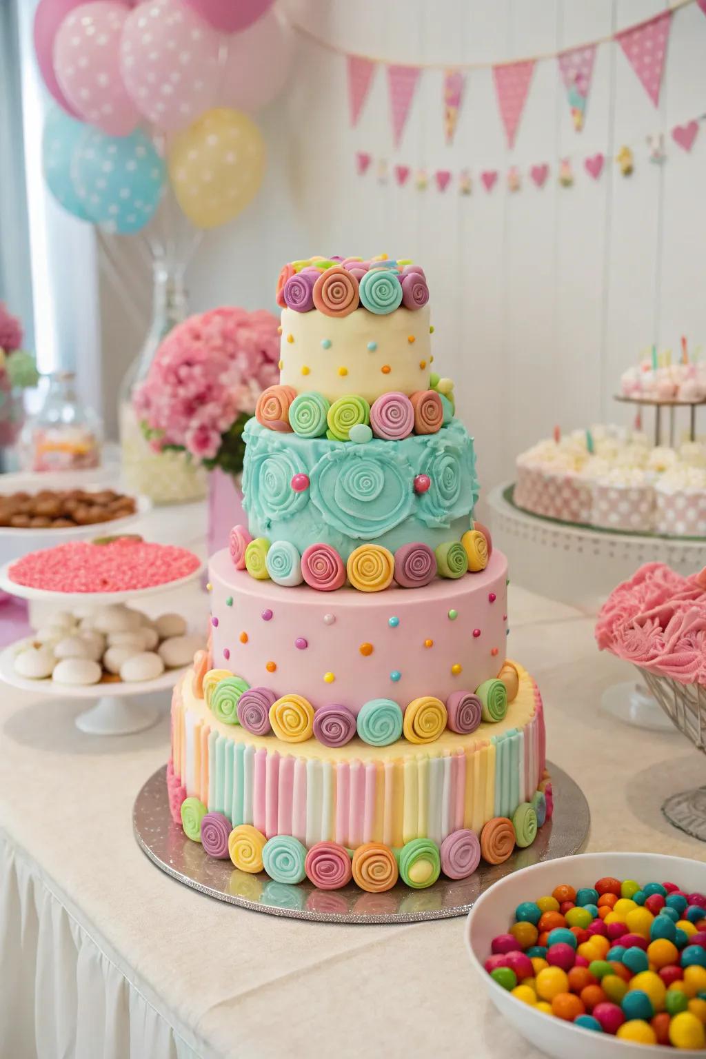A sweet-themed cake serves as a stunning centerpiece