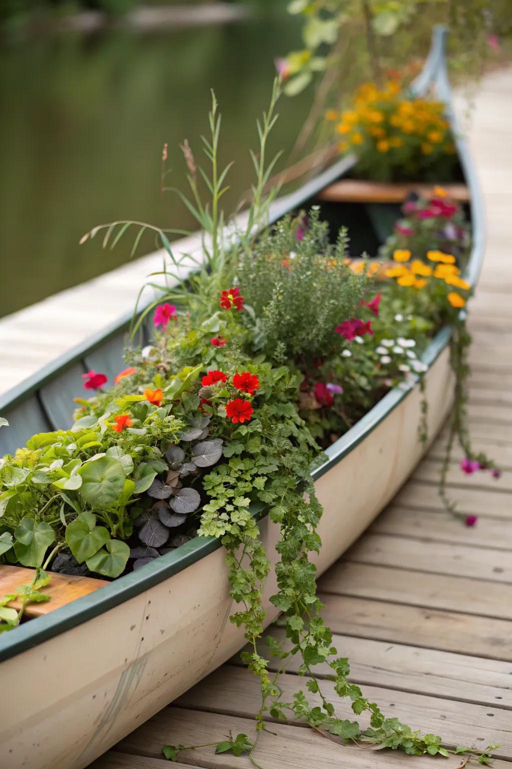 A boat planter set at an angle introduces dynamic visual interest to a garden.