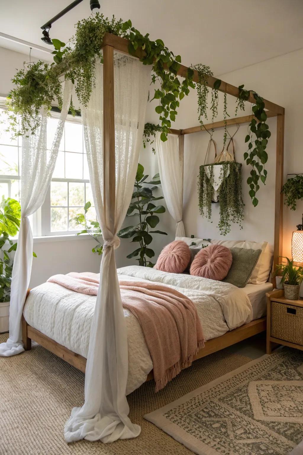 Hanging plants add a natural hint to a draped bed.