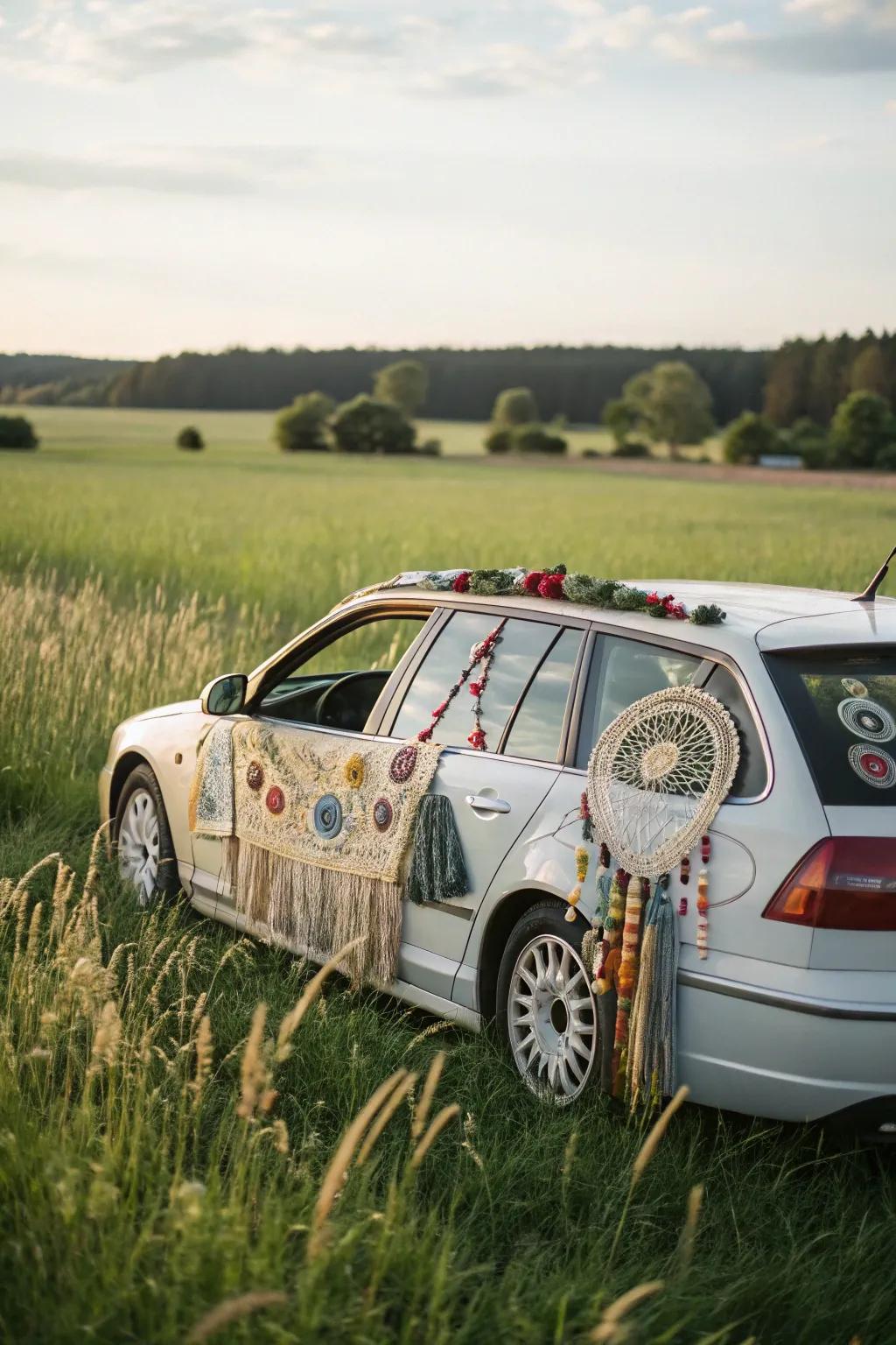 A car exuding bohemian vibes, ready for a music festival adventure.