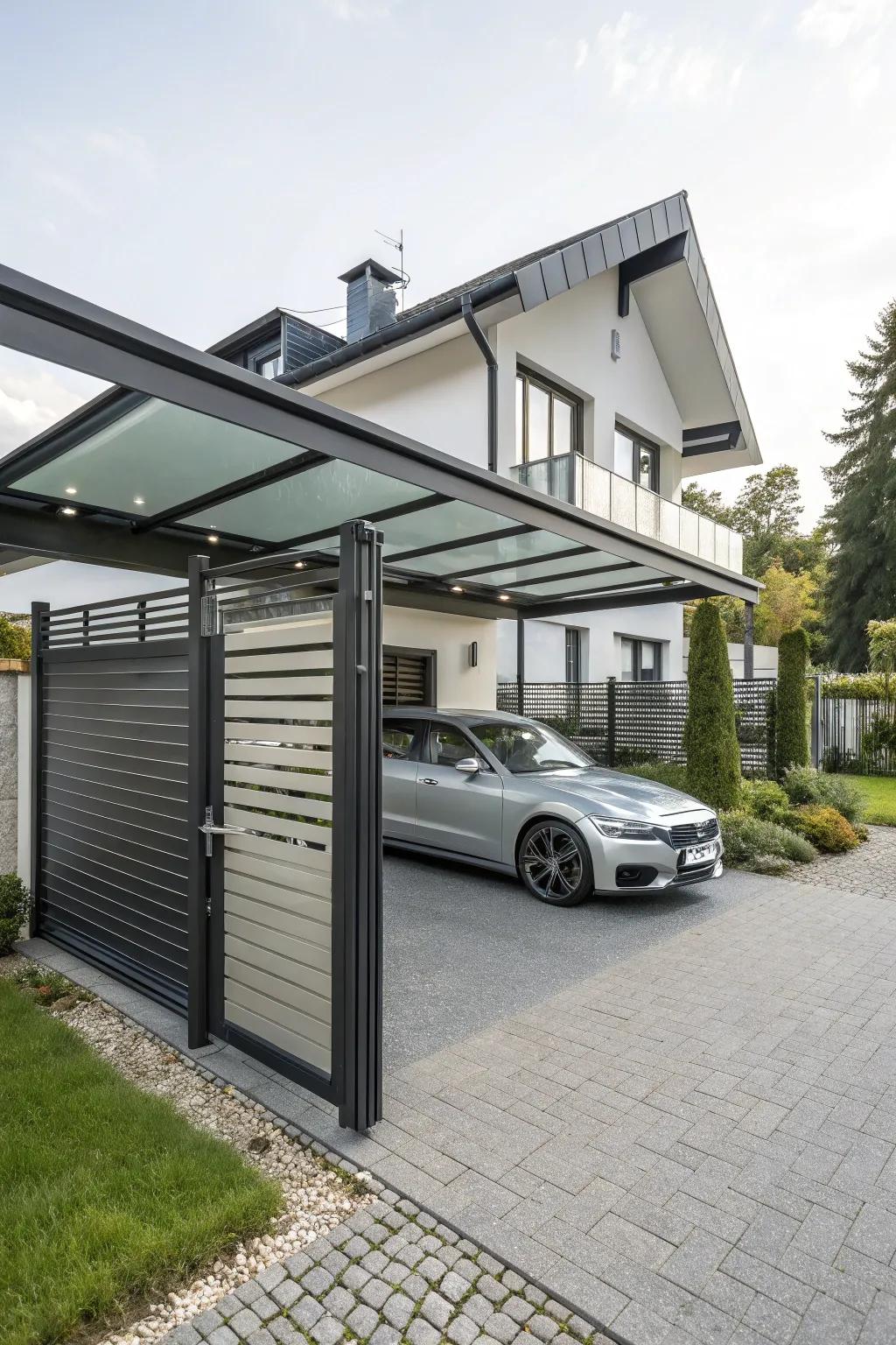 A modern carport fitted with motorized gates for supreme ease and protection.