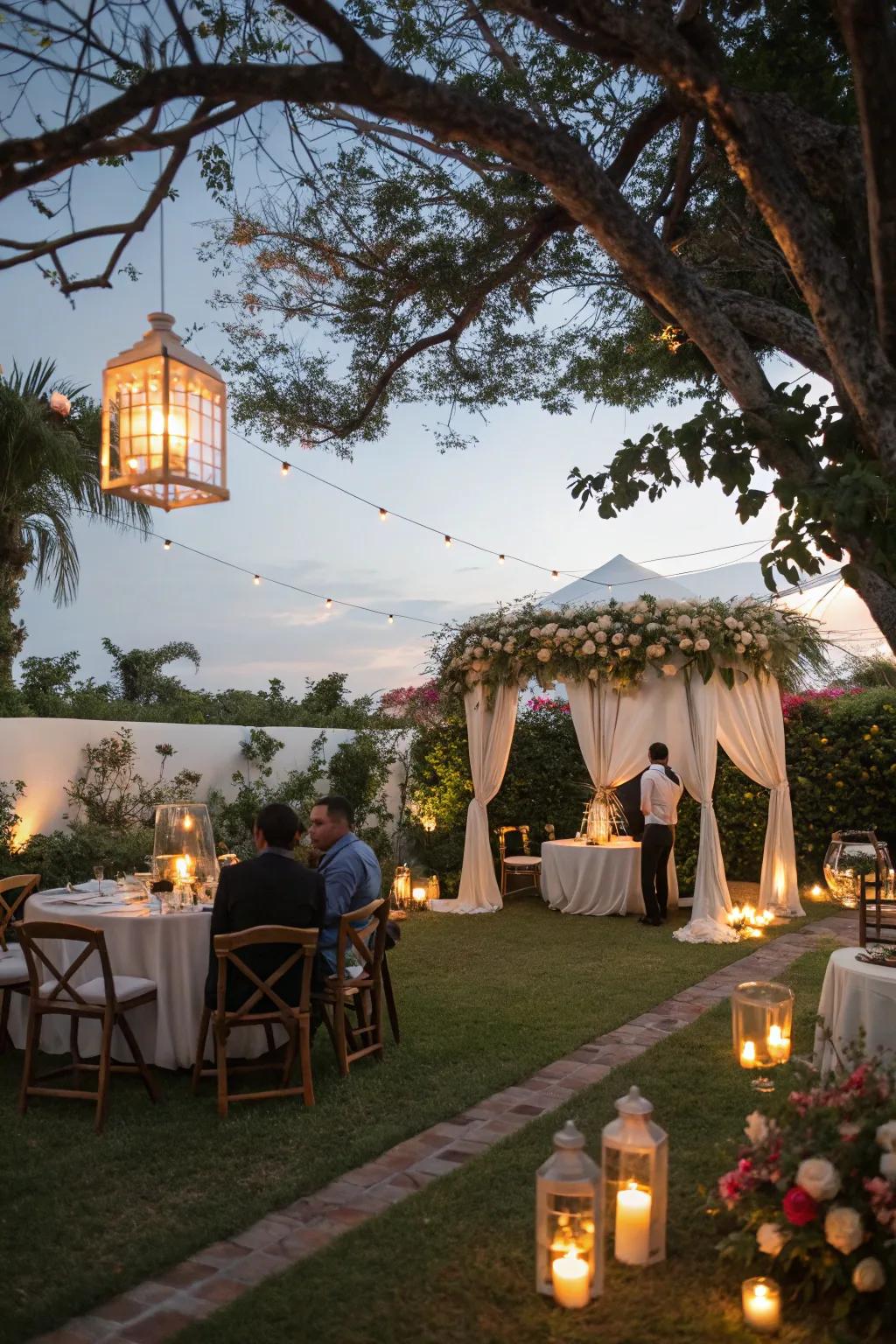 Candles and lanterns provide a warm, intimate glow at the wedding.