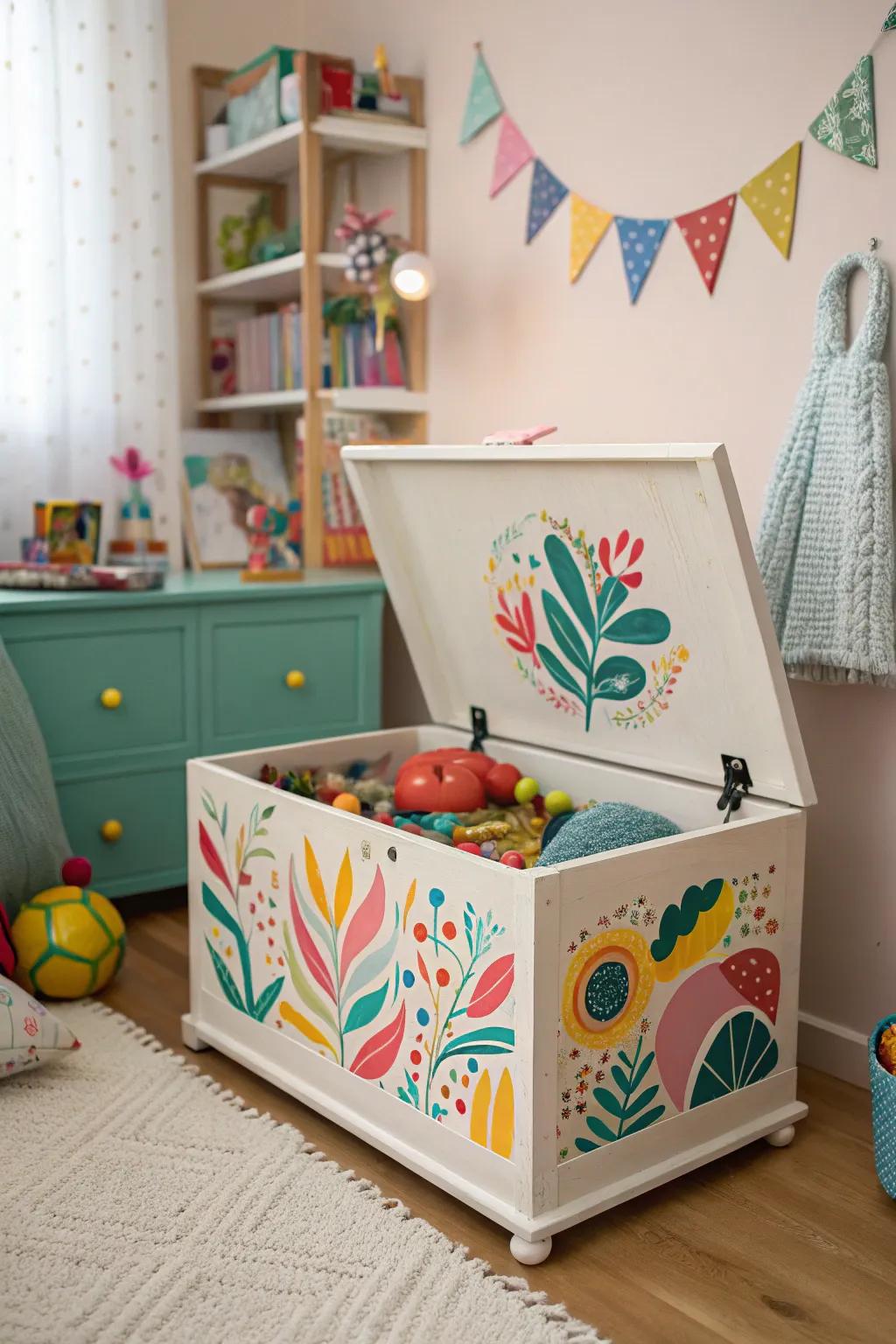 A cedar chest is turned into a lively and colorful toy box for children.