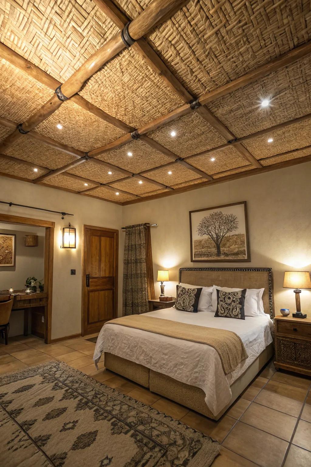 Natural materials in ceiling panels create a rustic charm.