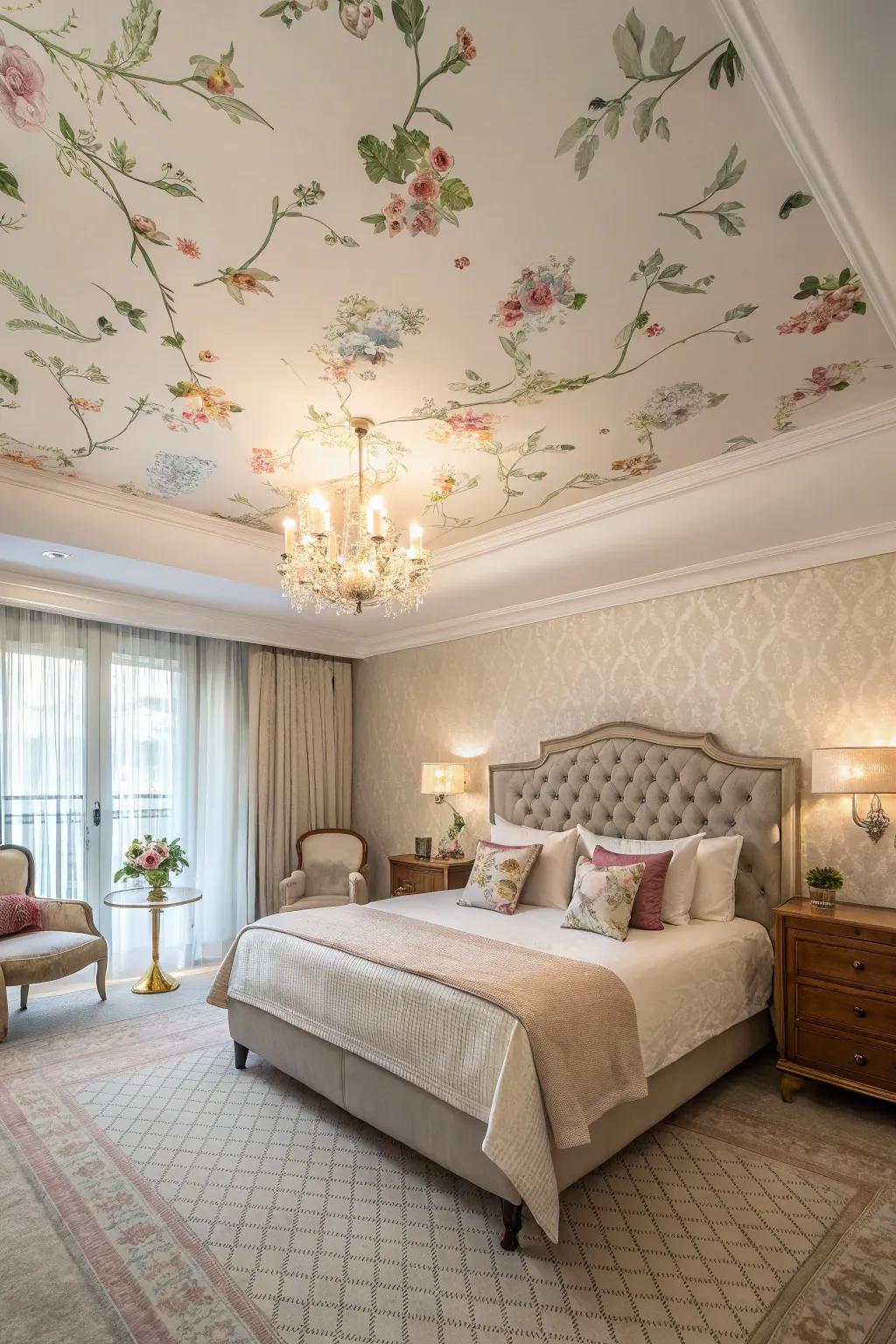 Wallpapered ceilings create a unique visual appeal.