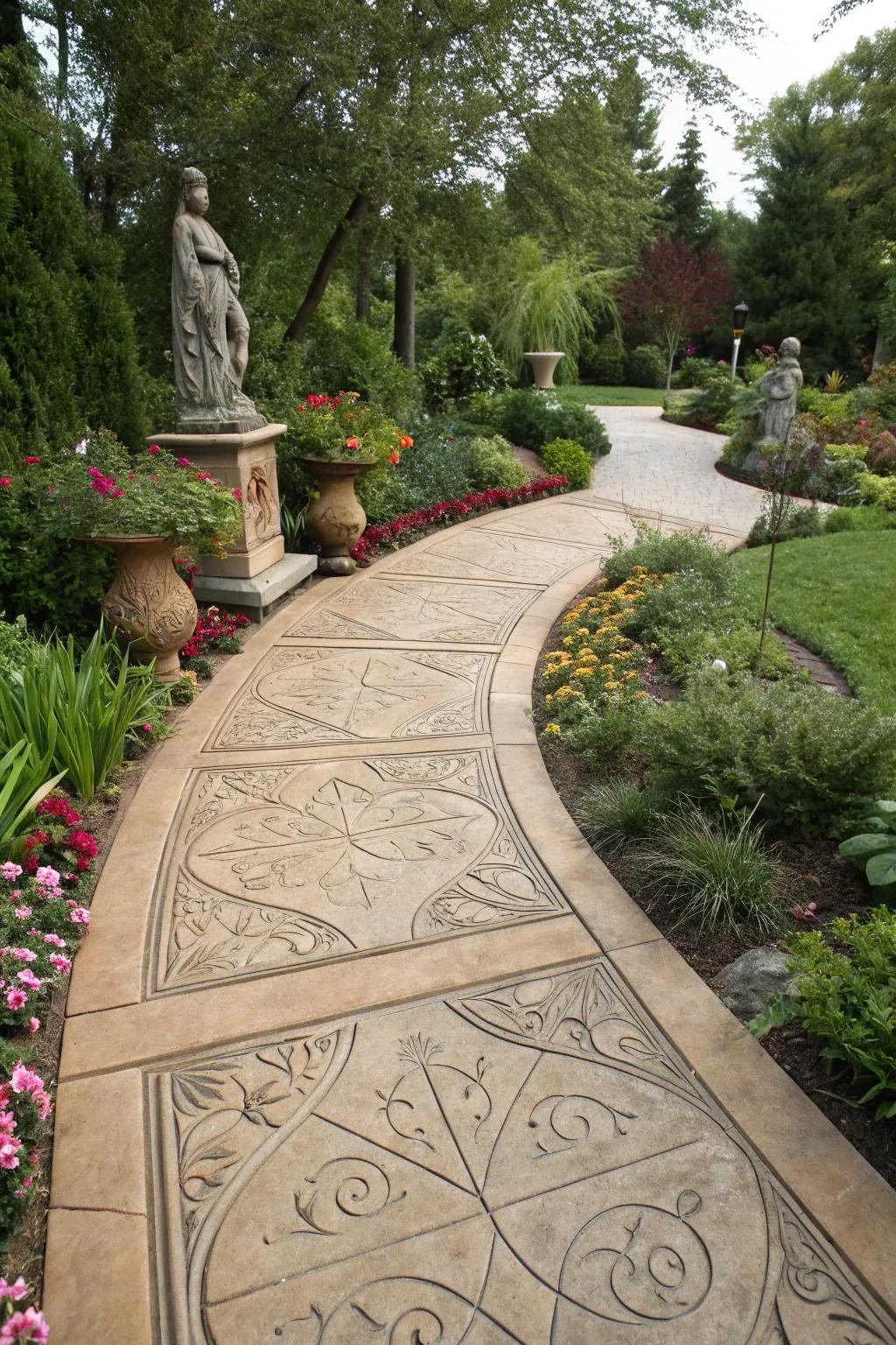 A skillfully patterned concrete walkway, enhancing any outdoor setting.
