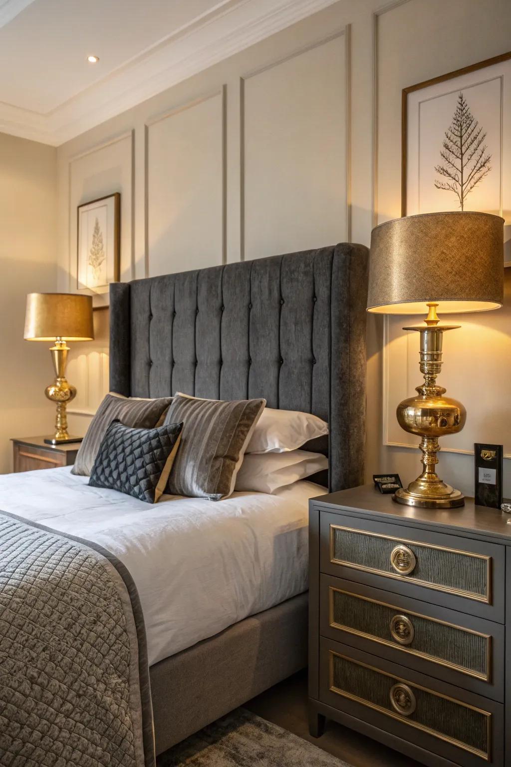 Metallic accents append a dash of sophistication to a grey-themed boudoir.