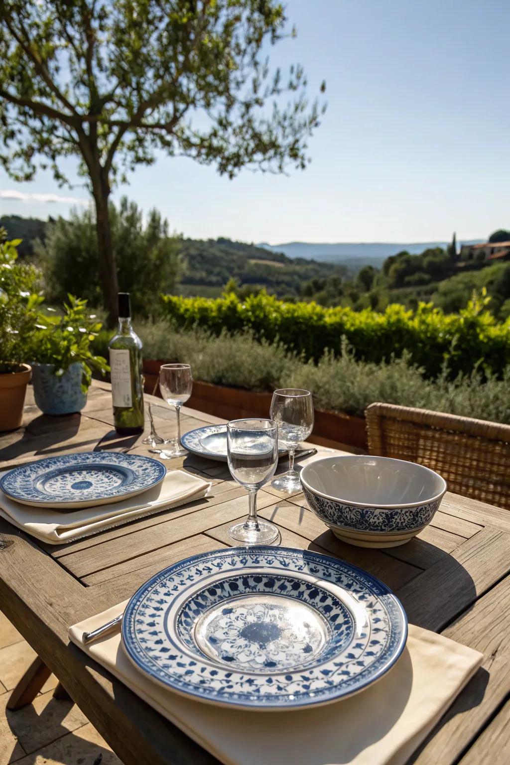 Blue and white chargers contribute to a relaxed, outdoor dining experience.