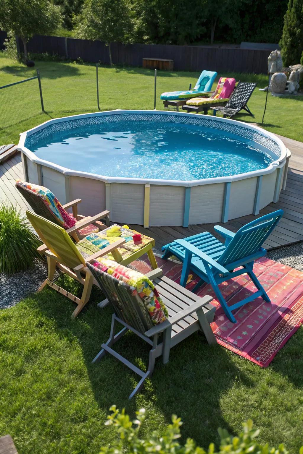 Snug seating encourages relaxation by the pool.