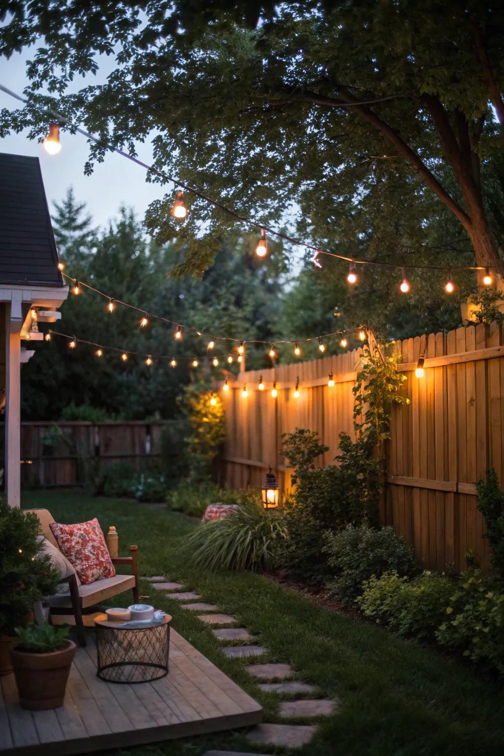 Hanging twinkle illumination transforms your garden into a private, enchanting haven.