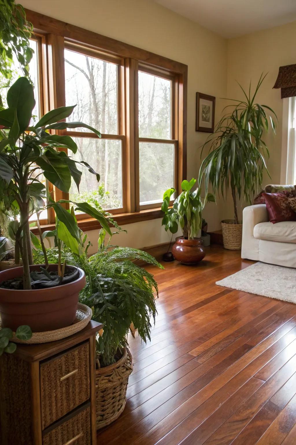 Vegetation infuses vibrancy and life into areas with polished redwood flooring.