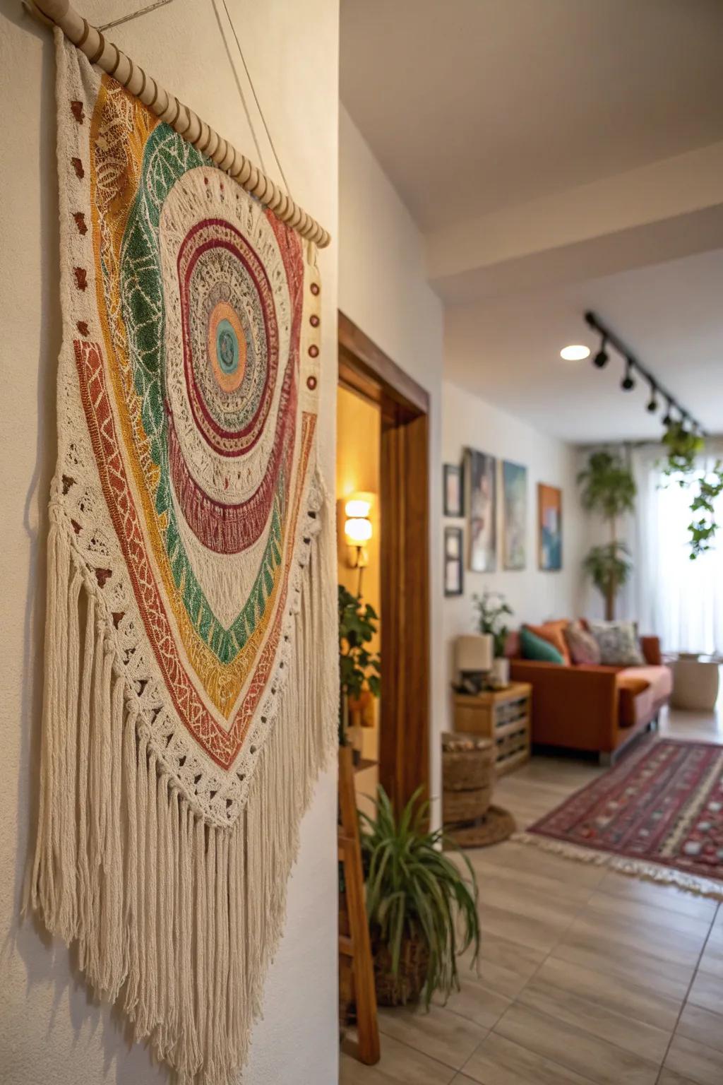 A bohemian wall hanging bringing color and texture to the room.