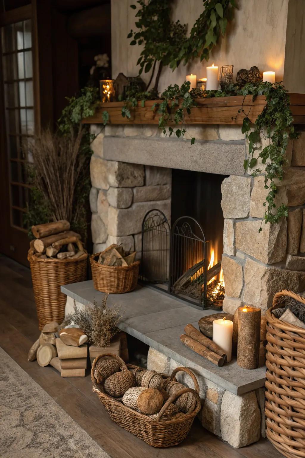 Organic components encompassing the fireplace evoke a snug, countryside allure.