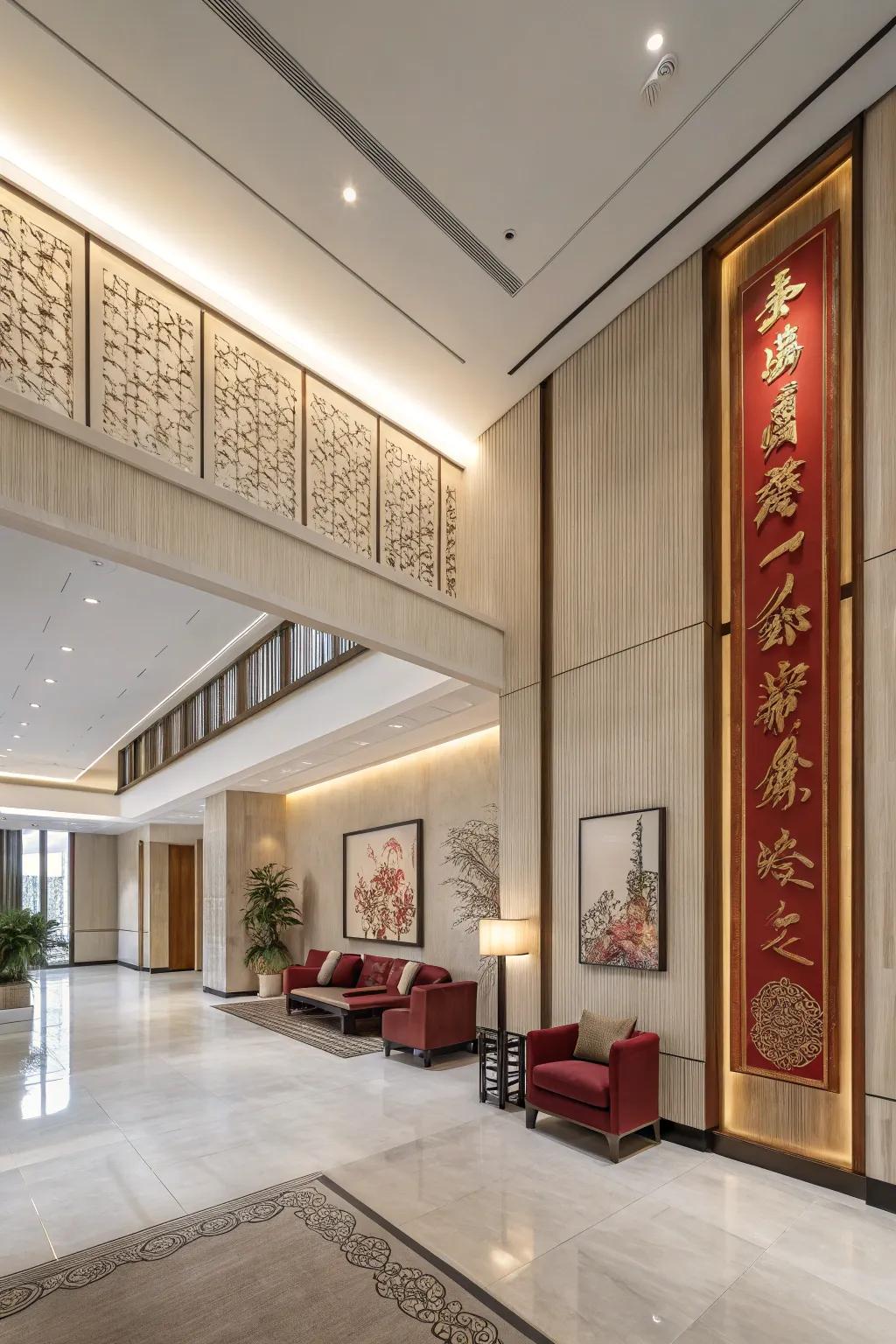A minimalist entrance design blending contemporary and traditional Eastern components.