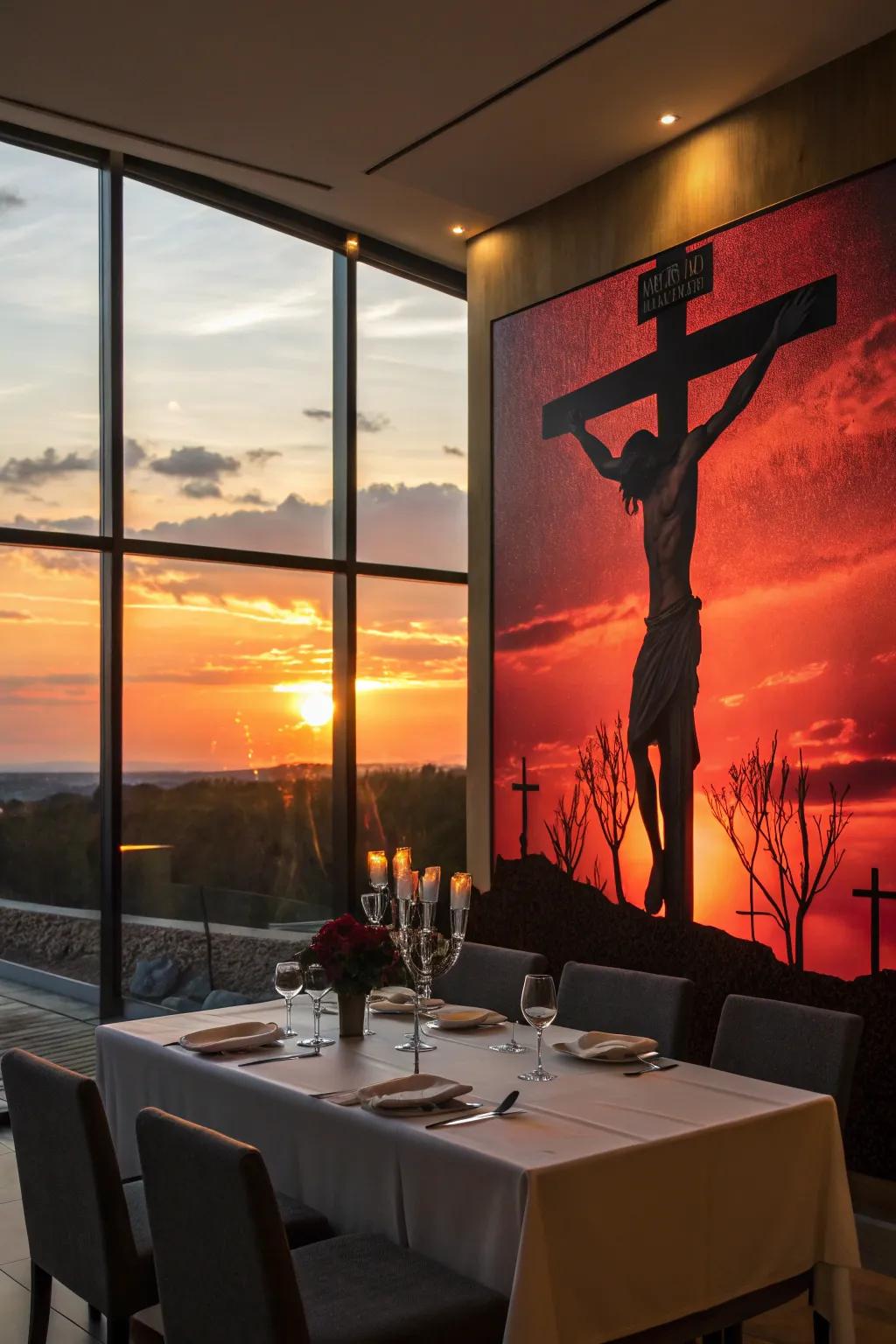 A crucifixion silhouette creates a thought-provoking atmosphere.