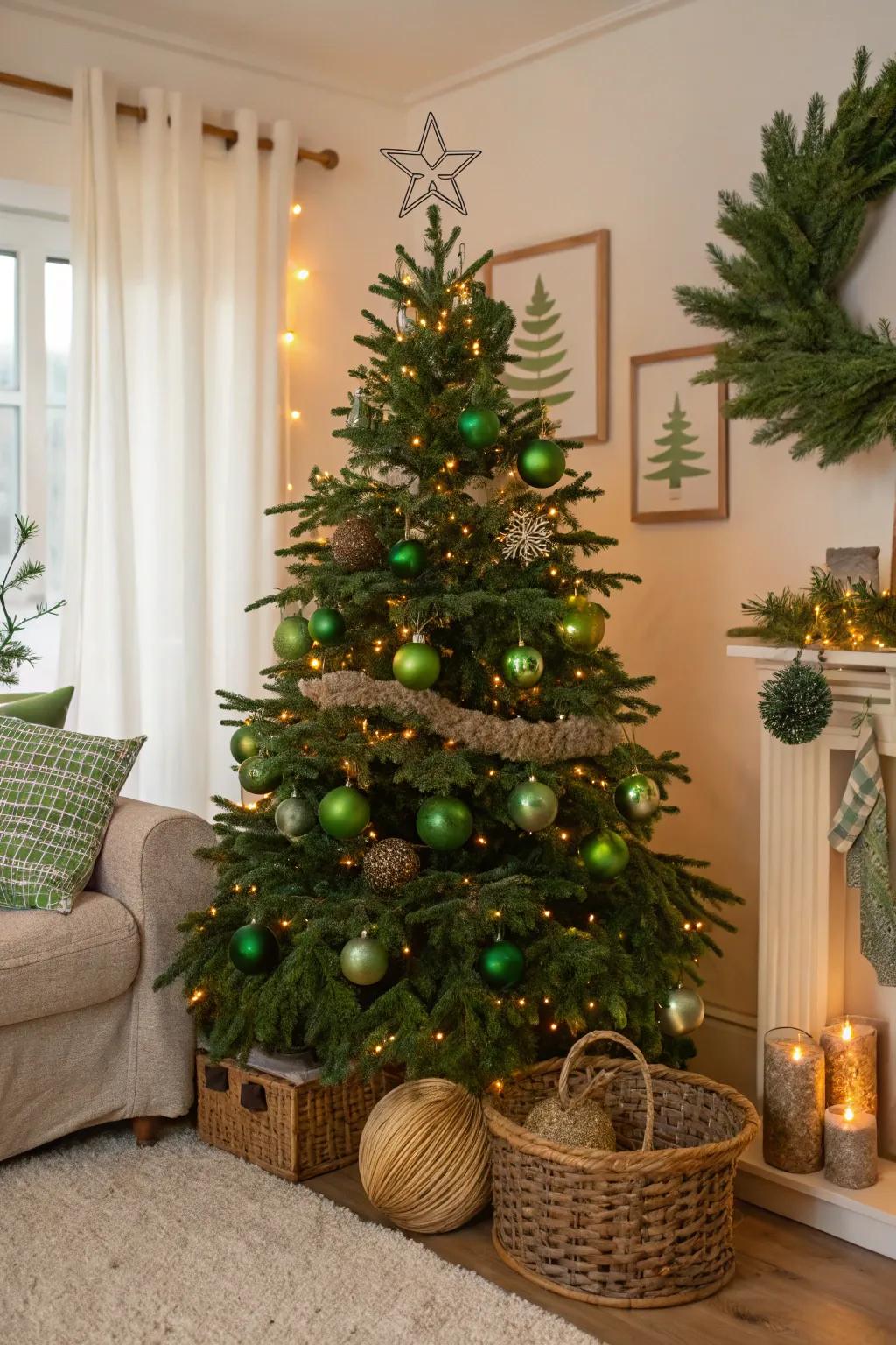 A wilderness-inspired holiday bauble tree with abundant verdancy and organic highlights.