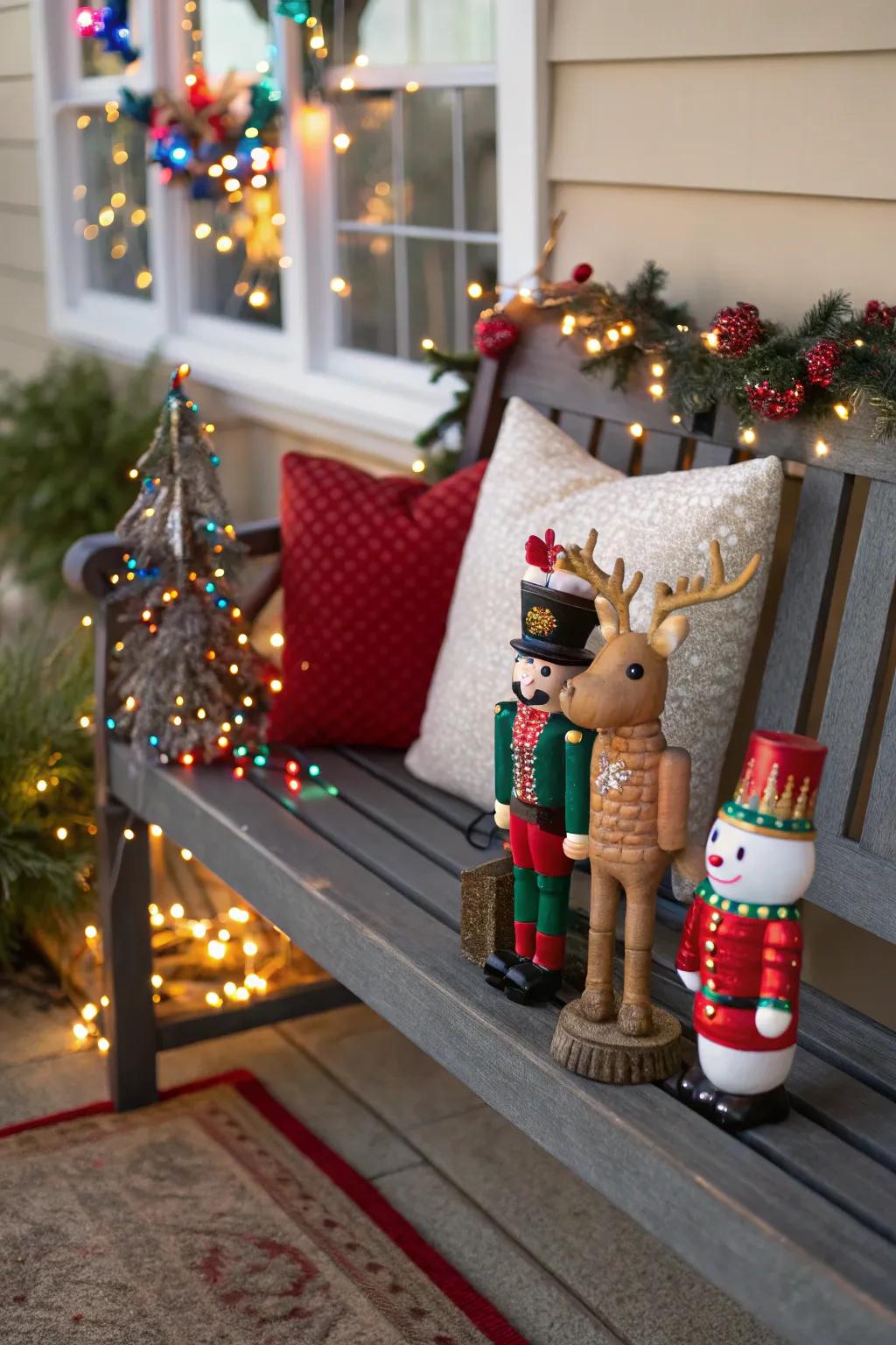 Holiday figures add playfulness to your bench arrangement.
