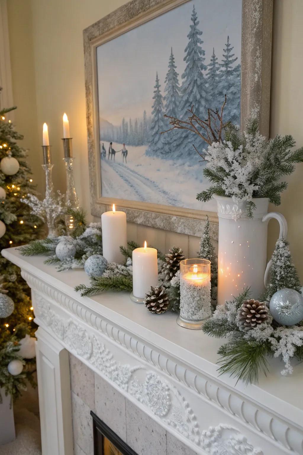 Design a captivating winter scene indoors using snowy ornaments.