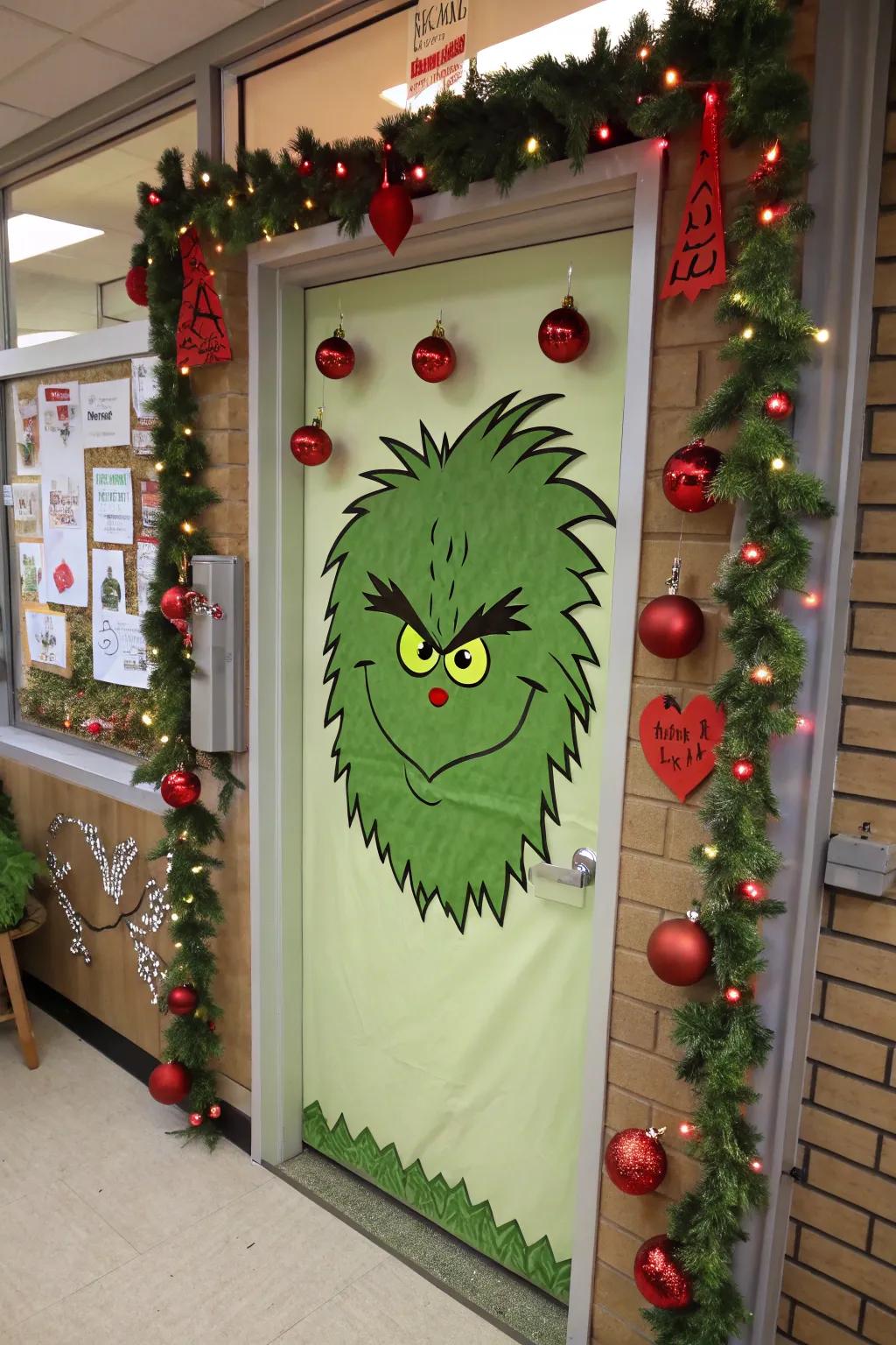 A lively Grinch visage injects playfulness into this holiday portal decor.