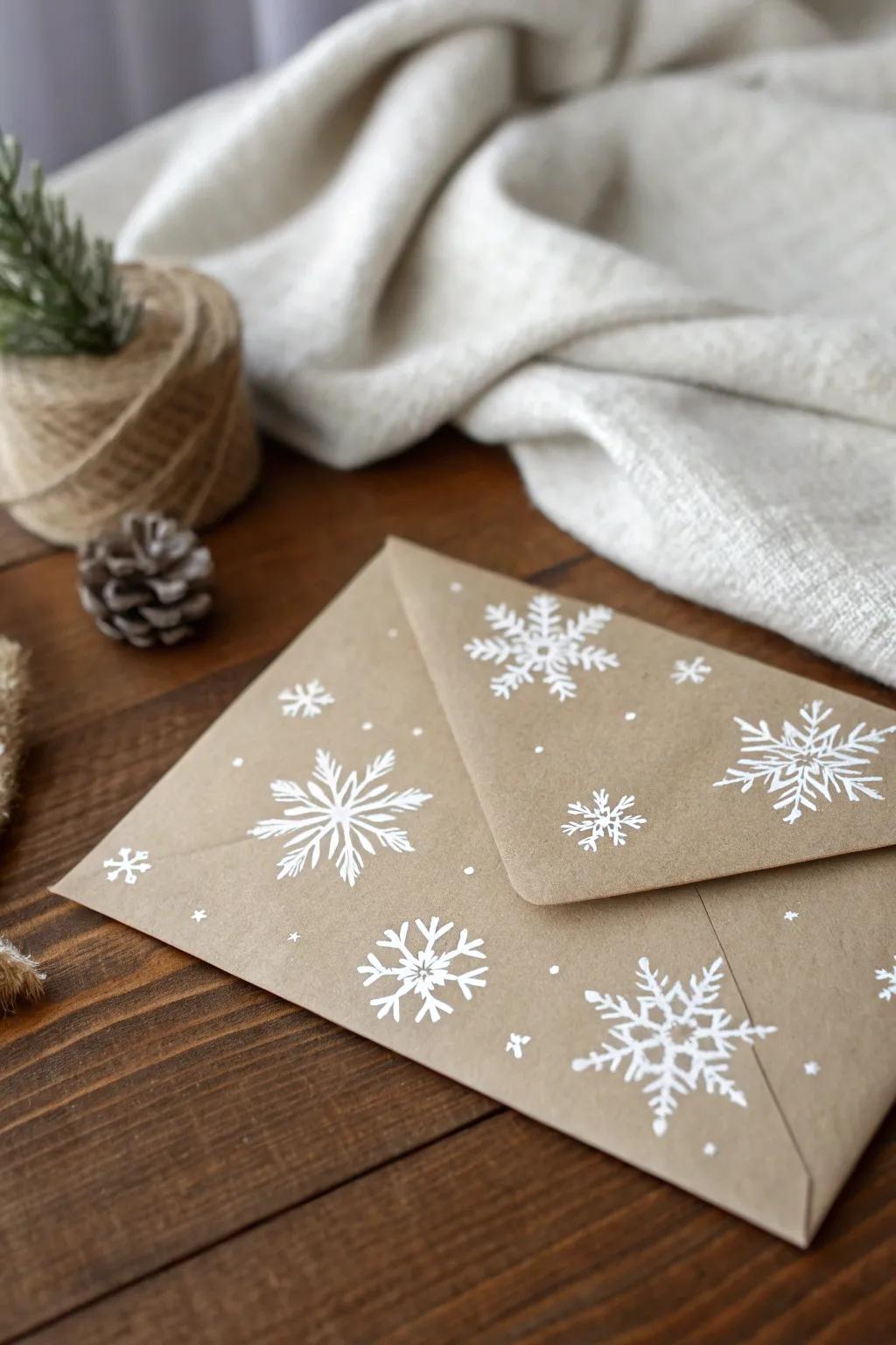 Embrace the straightforwardness of winter elegance via handcrafted glittering ice flakes envelope artistry.