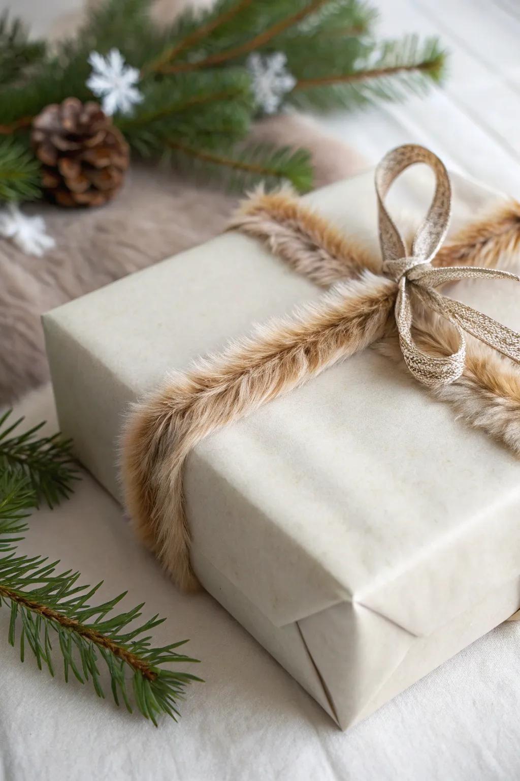 Distinctive and snug gift presentation with imitation fur trim.