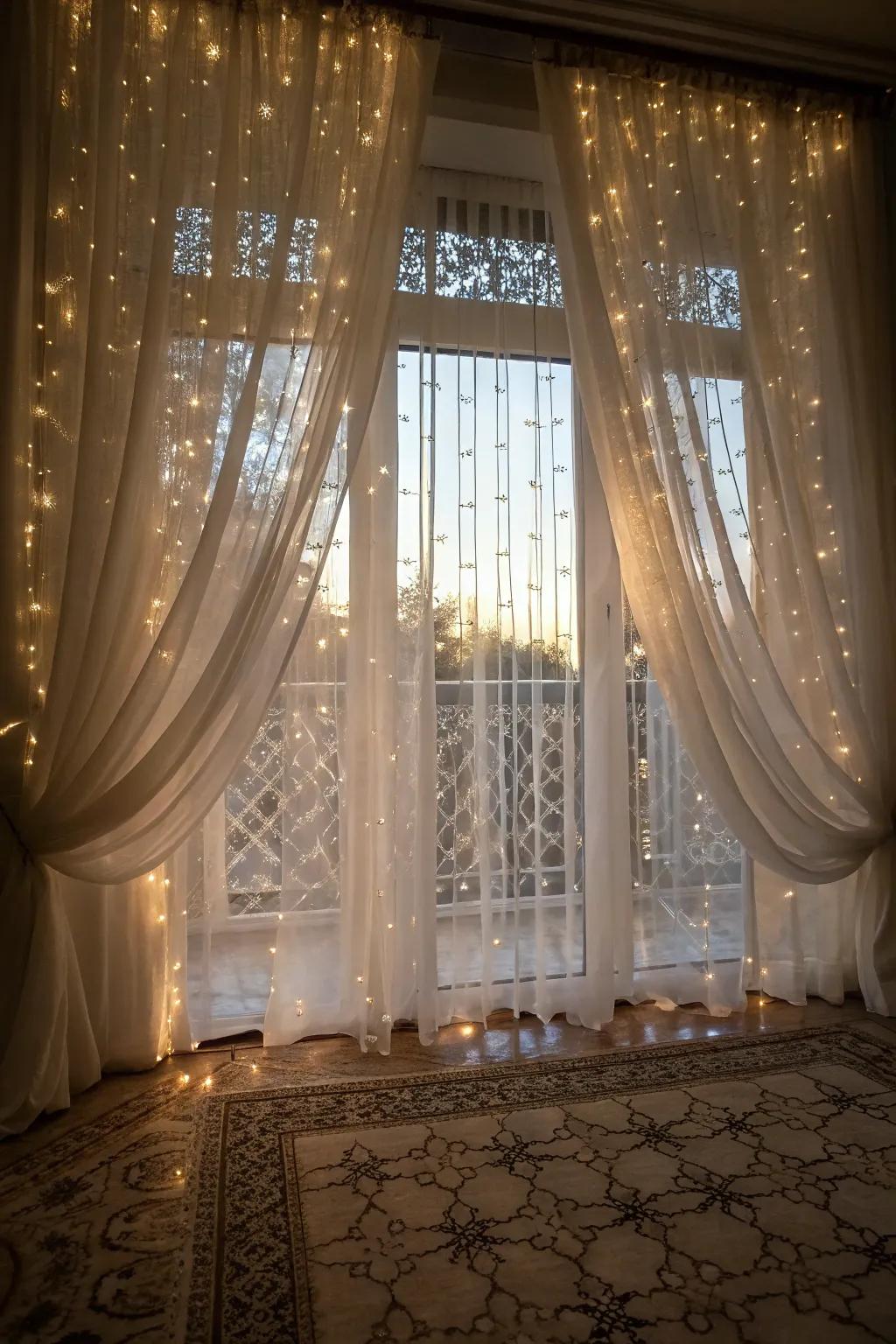Curtain lights create a stunning, cascading glow over windows.