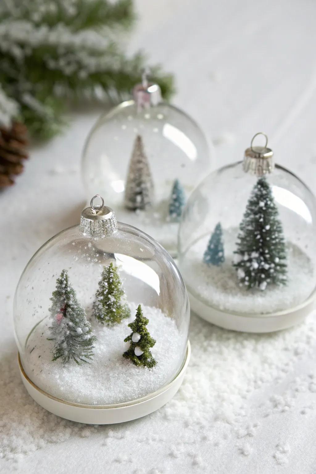 Scaled-down snowscape orb decorations showcasing snow and trees.