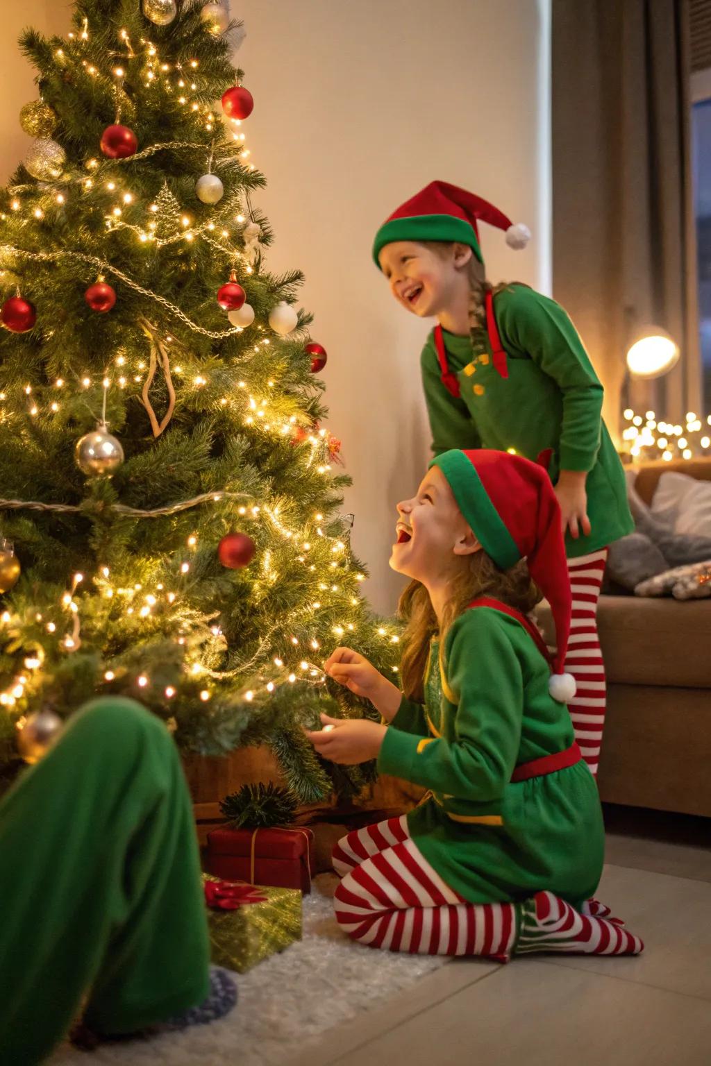 Kids dressed as pixies having fun by the tree.