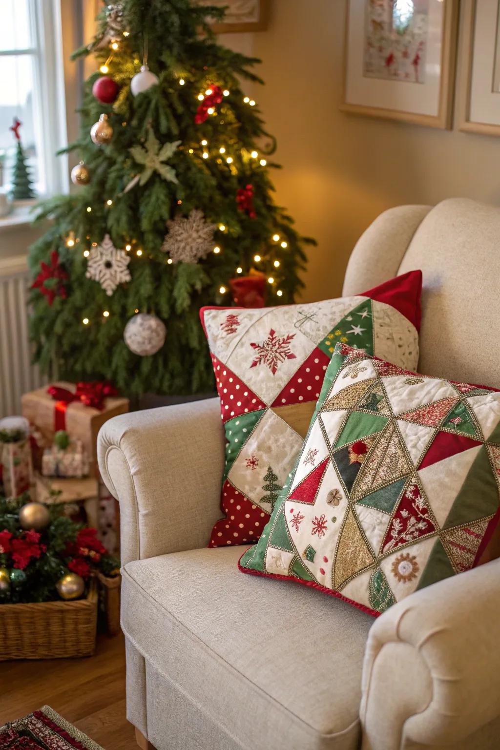 Patchwork cushions contributing a vibrant nuance to the holiday decor.