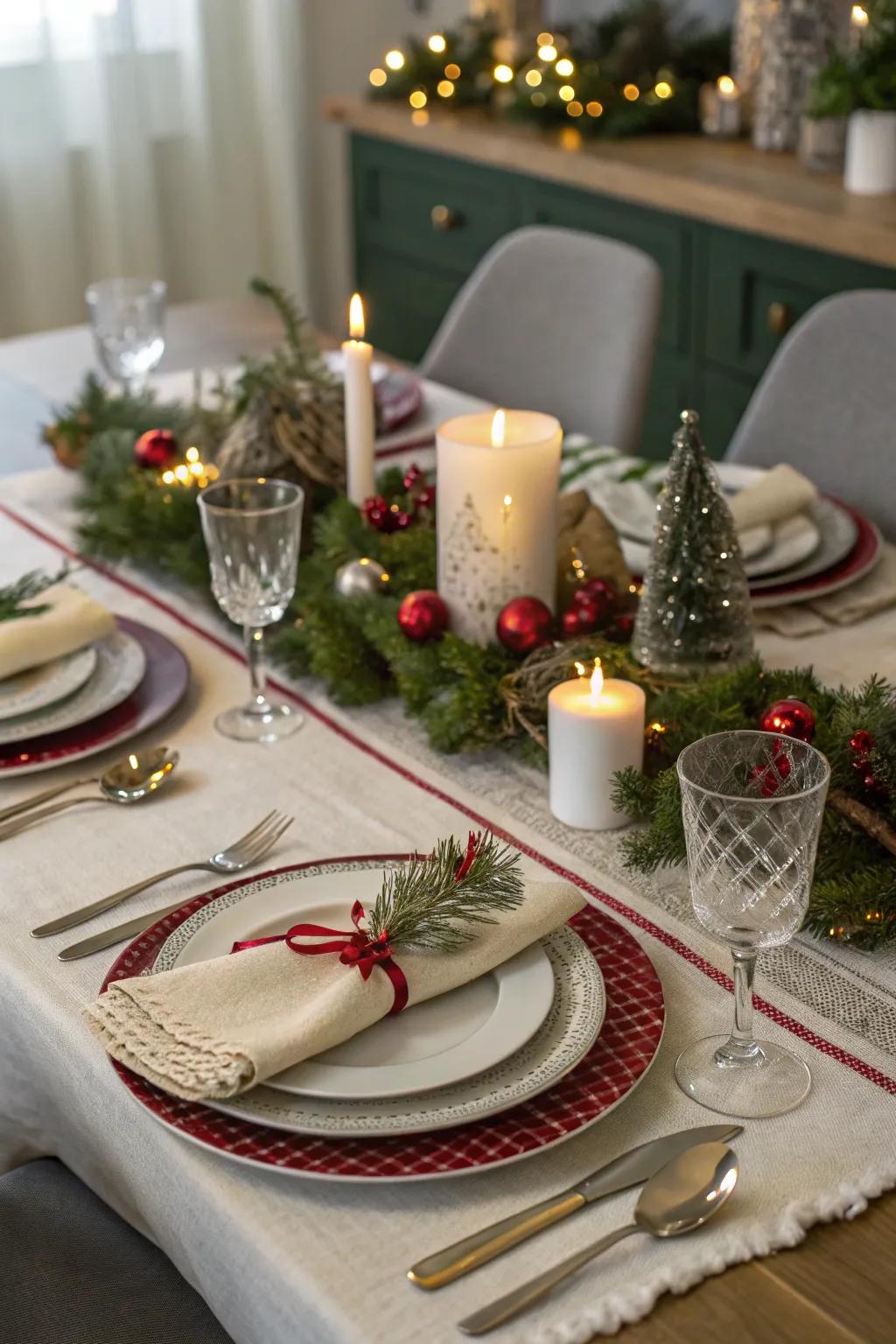 Organized place settings give the table depth and flair.
