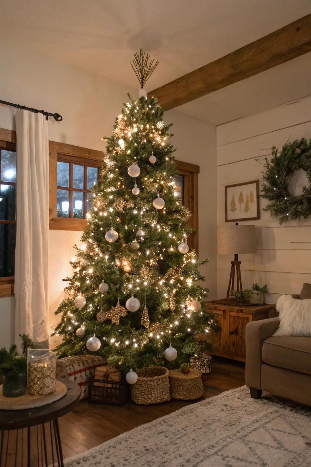 Cotton branches bring a soft, rustic feel to the tree.