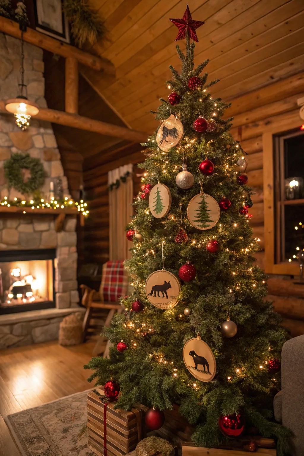 An unrefined Christmas tree adorned with sylvan-themed ornaments and colored illuminations, ideal for a cozy holiday atmosphere.