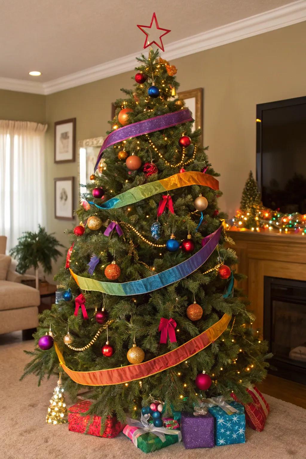 A Christmas tree featuring vibrant ribbons and ornaments, manifesting an energetic and lively ambiance.