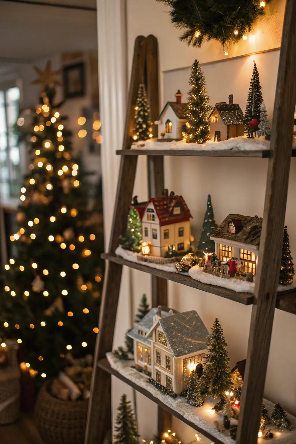 Floating shelves permit a vibrant and space-conserving Christmas village presentation.