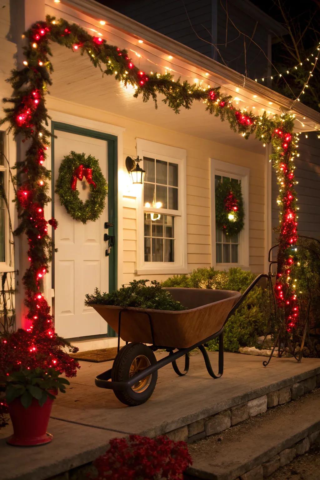 A welcoming deck display featuring a festive wheelbarrow.