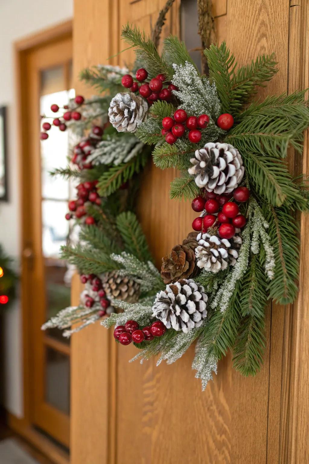A nature-inspired holiday circle overflowing with cranberries and frosted cones.