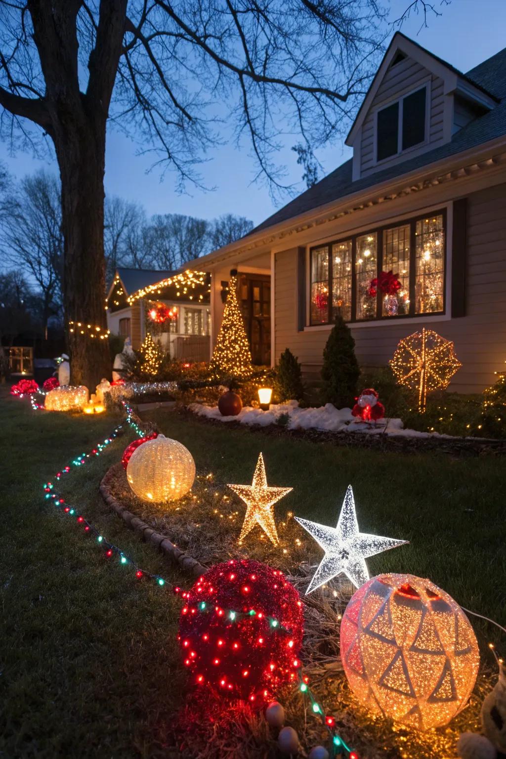 A yard bedecked with assorted illuminated Yuletide embellishments.