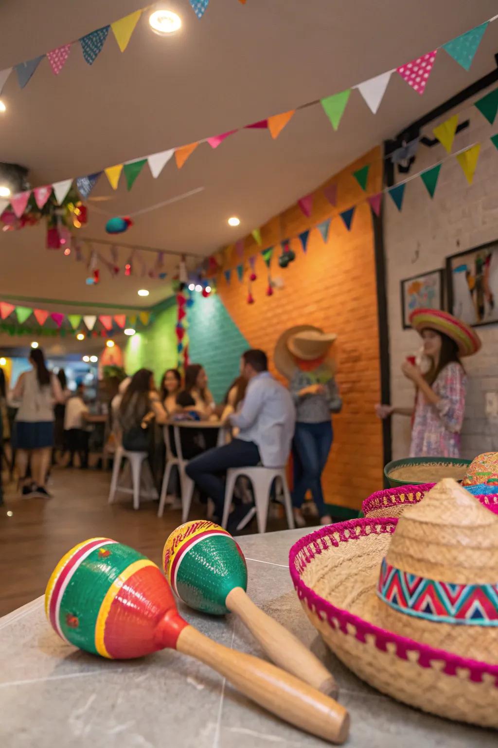 Maracas and sombreros introduce a genuine touch to Cinco de Mayo decoration.