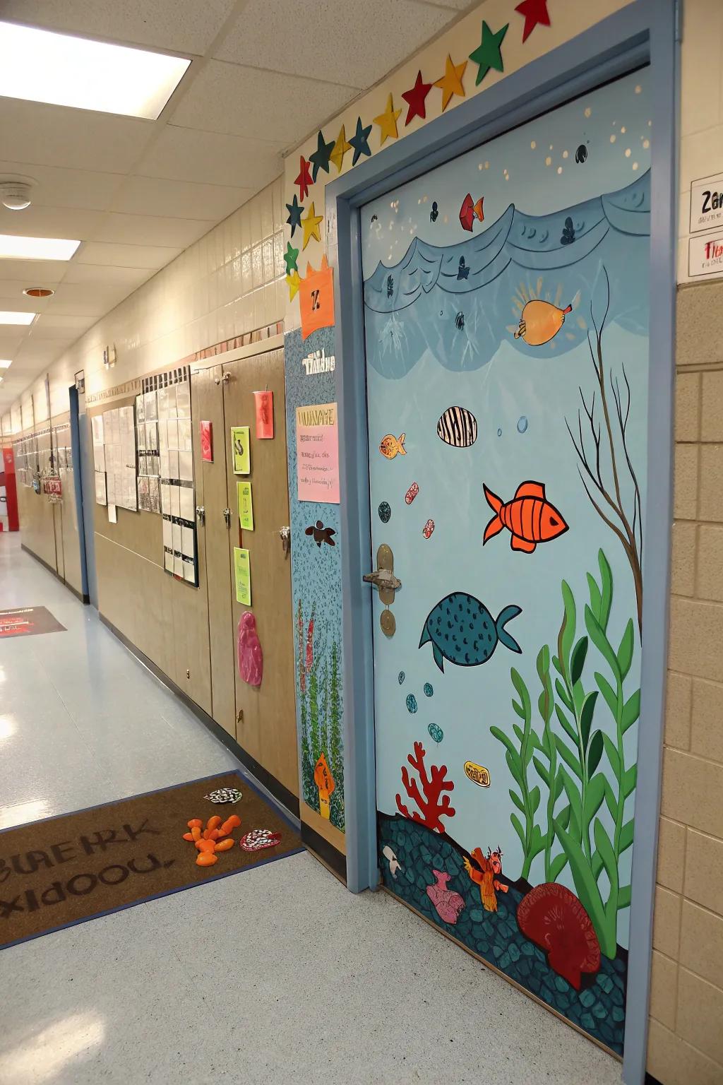 An aquatic-themed learning space doorway showcasing marine creatures and undulations.